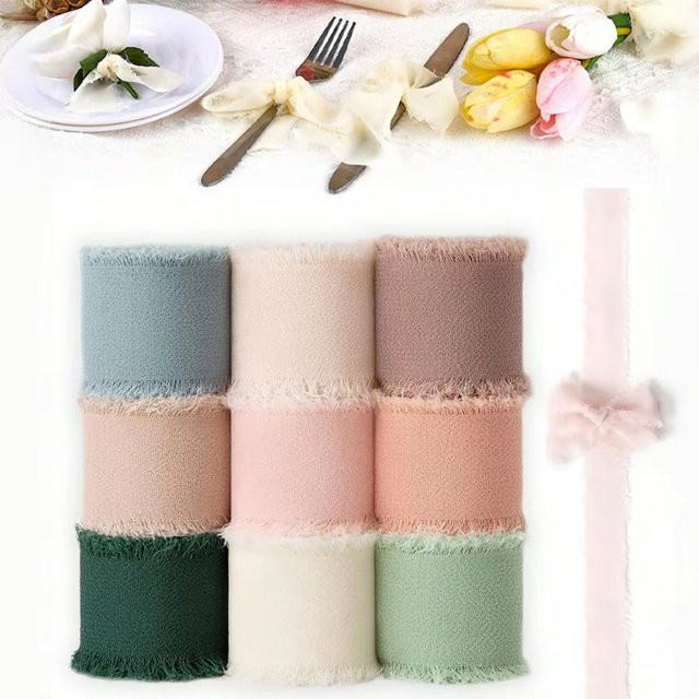 9er Set handgefertigte Satin-Chiffon-Seidenbänder mit ausgefransten Kanten in Multicolour von NOTIONSLAND für DIY-Bastelarbeiten und Dekorationen - Bild 1