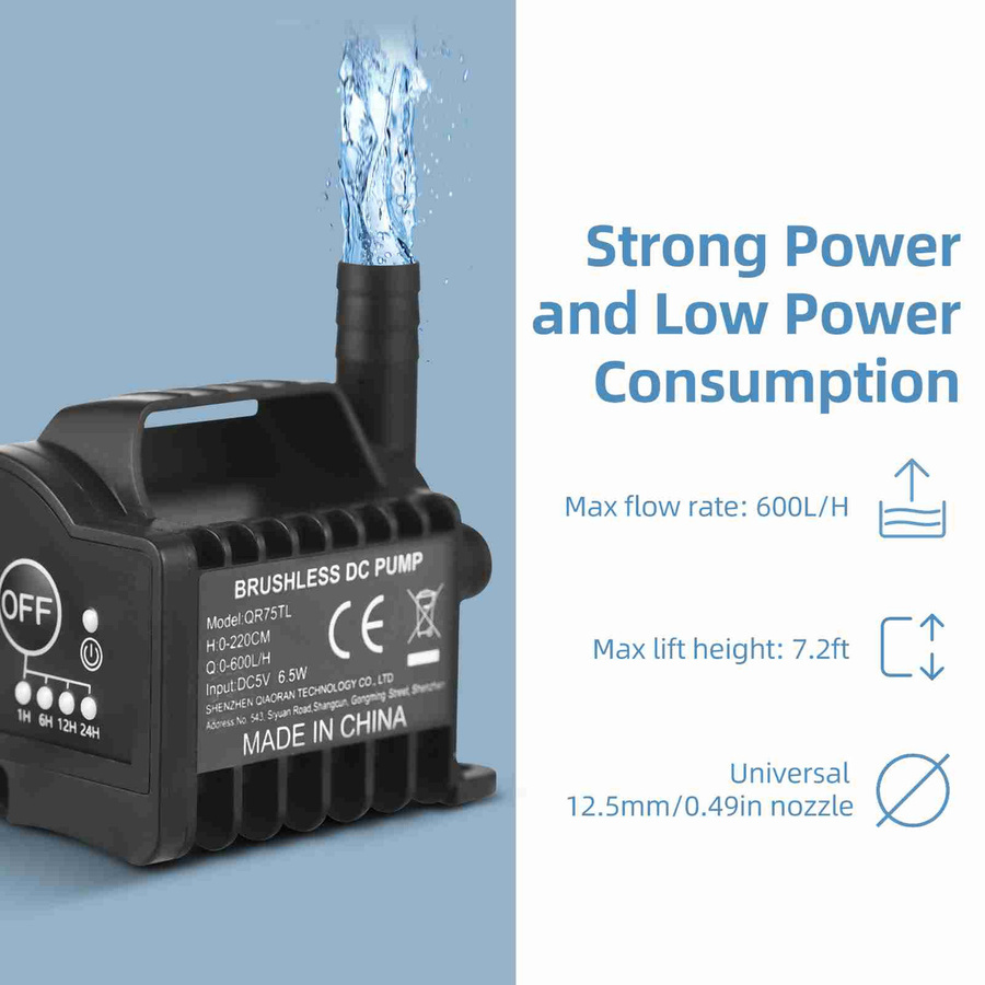 Mini 5V Wasserpumpe QR75TL von mfySpace in Schwarz mit 4 Gängen, Timing-, Beschleunigungs- und Verzögerungsfunktion, max. 600L/h Durchfluss und 2m Förderhöhe - Bild 6