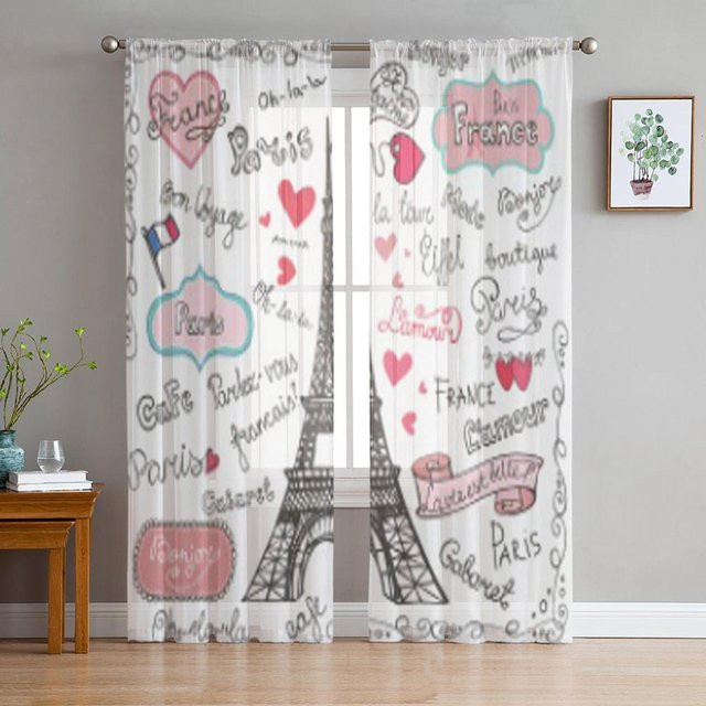 Super Six Chiffon Vorhang mit Pariser Symbolen und Schriftzug, transparent, weiß, B: 135 cm, H: 160 cm - Bild 1