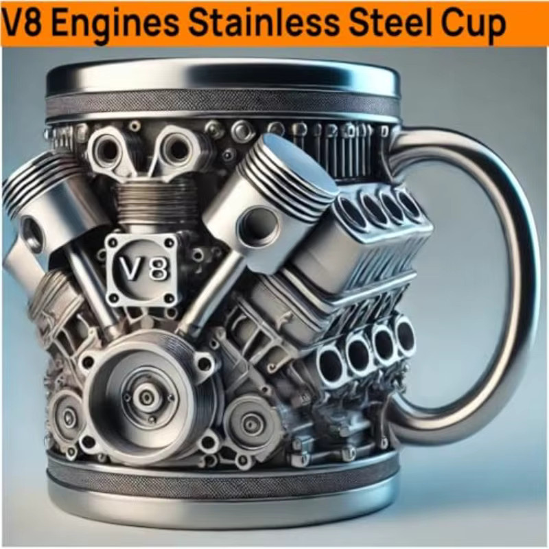 XMSJ 3D V8 V6 Motor Kaffeebecher aus Edelstahl in Silber, isolierter Becher für Mechaniker und Auto-Liebhaber - Bild 1
