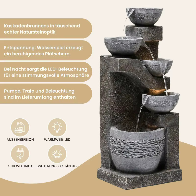 LOCAL Gartenbrunnen mit LED-Beleuchtung und Wasserpumpe aus Kunststein in Armeegrün - Bild 4