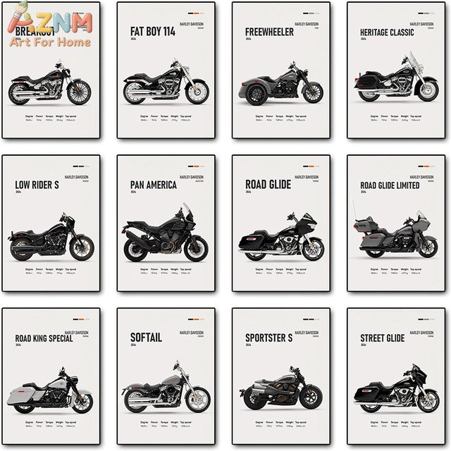 AZNM Harley-Davidson Motorrad-Leinwandkunst, ungerahmtes Wandbild im modernen Stil, Mehrfarbig - Bild 1