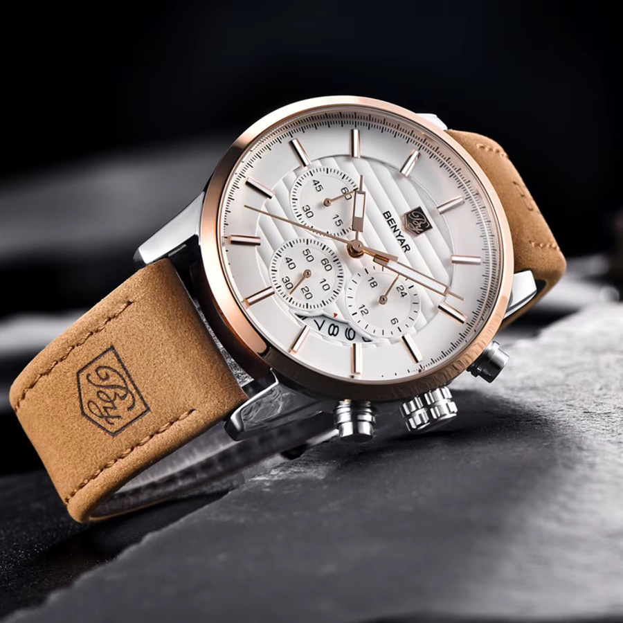 BENYAR Armbanduhr Quarz, Leder, Weiß, Roségold, Herren - Bild 4