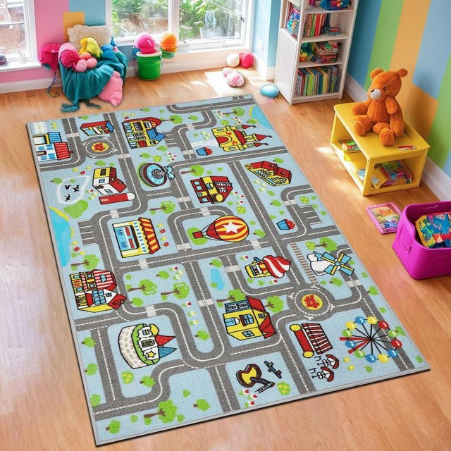 Lodestar Kinder-Spielteppich mit Stadtstraße und Schienenverkehr, weiche Klettermatte für Kinderzimmer, B/B: 80 x 50 cm, mehrfarbig - Bild 1