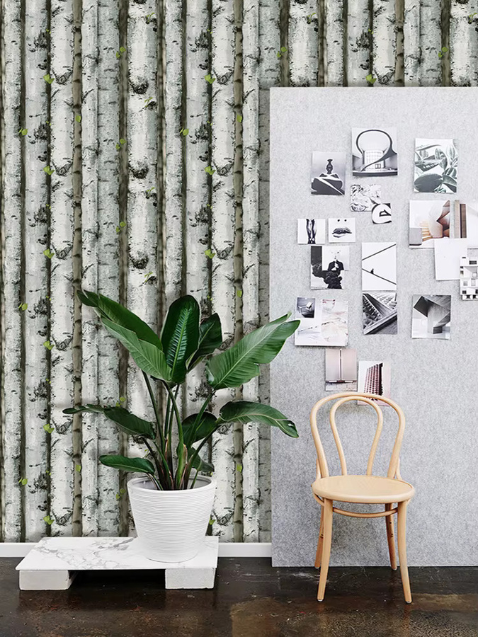 Meihodan Selbstklebende Vinyl Tapete Wald Birke Design in Grau, Braun und Grün für Schrankdekoration - Bild 4