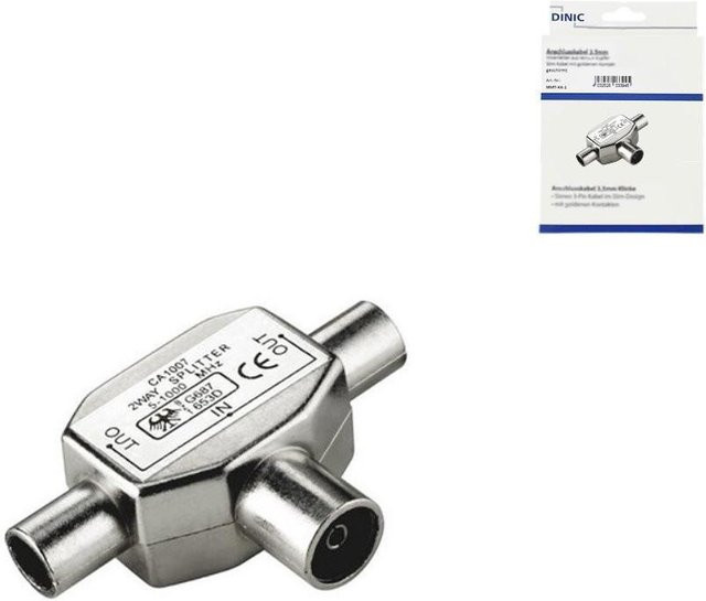 DINIC Koaxial-Stecker auf Koaxial-Kupplung Set, 2er Pack, Silber, Metall-Splitter für 2 TV-Geräte an 1 Antennendose - Bild 1