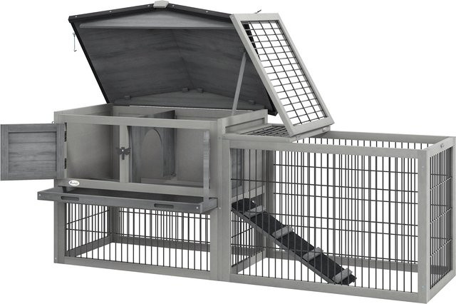 PawHut Kleintierstall mit Freigehege aus Tannenholz in Grau, wetterfest für Meerschweinchen und Kaninchen, B/T/H: 150 x 52 x 68 cm - Bild 1