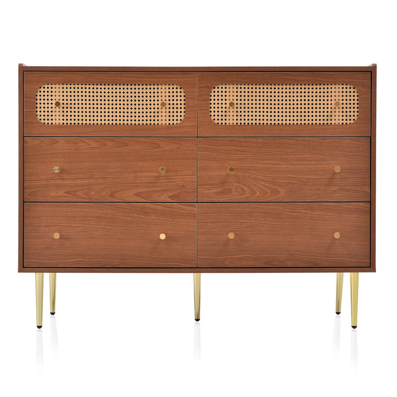 Vintage Kommode mit 6 Schubladen von Aosom in Walnut mit Rattan-Details und Metallbeinen, B/T/H: 120 x 40 x 90 cm - Bild 2