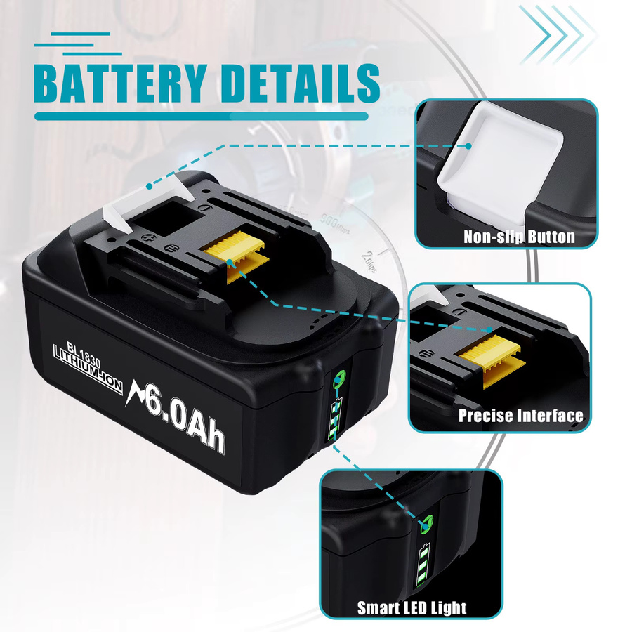 Powtree Akku Set für Makita 18 V mit 6000 mAh Akku BL1830 und 4A-Ladegerät in Schwarz - Bild 4