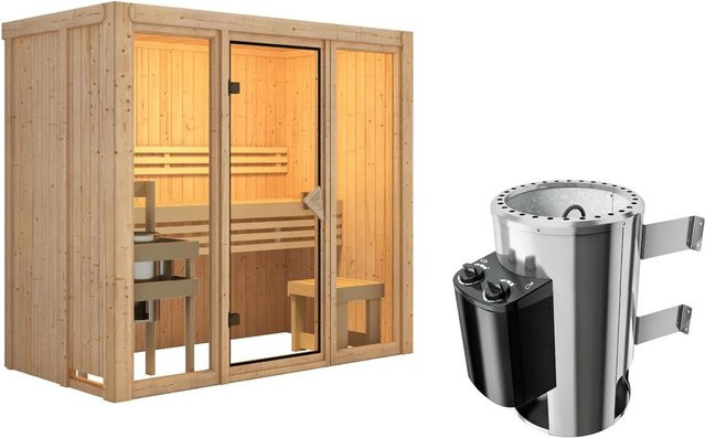 Karibu Sauna Sky 2 Naturbelassen in Braun mit 3,6 kW Ofen und integrierter Steuerung - Bild 1