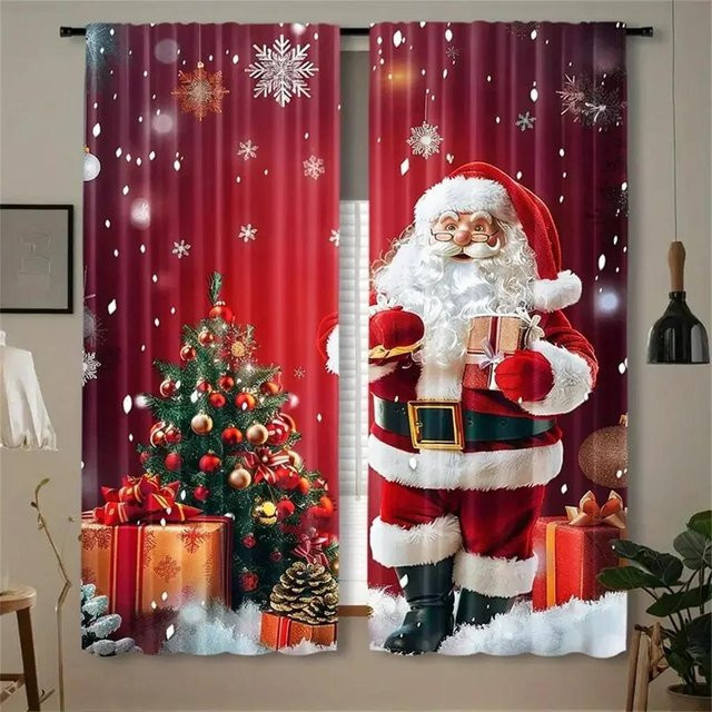 2-teiliges Set Weihnachtsvorhänge mit Weihnachtsmann in Rot, 3D Digitaldruck aus Polyester, halbtransparent, Breite: 50 cm, Höhe: 130 cm - Bild 1