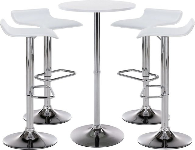 DELUKE Bartisch Set EGON 5-teilig mit 1x Rundem Stehtisch und 4x Barhockern in Weiß, Tisch Durchmesser: 60 cm, Höhe: 108 cm, Material: Holz, Metall und Kunstleder - Bild 1