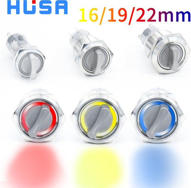 HUSA Drucktastenschalter aus Metall mit LED, drehbar, 2/3 Positionen, selbstsichernd und selbstrückstellend, NO NC, Durchmesser: 16 mm, 19 mm, 22 mm, Farben: Rot, Blau, Grün - Bild 1