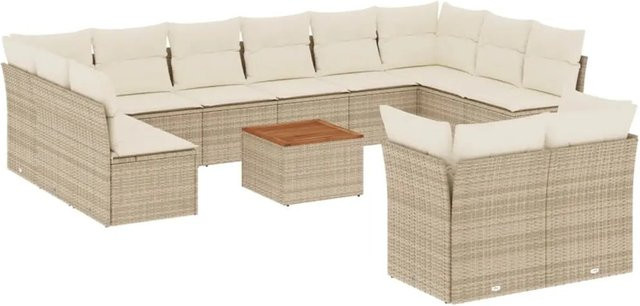 vidaXL 13-teilige Garten-Sofagarnitur in U-Form aus Polyrattan und Akazienholz mit Kissen in Beige-Creme - Bild 1