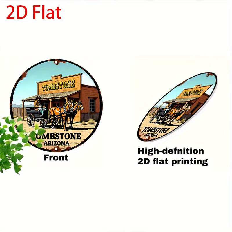 Potdemiel Vintage Western Tombstone Arizona Schild mit Cowboys und Pferdekutsche, Metall, Mehrfarbig, Durchmesser: 20 cm - Bild 4