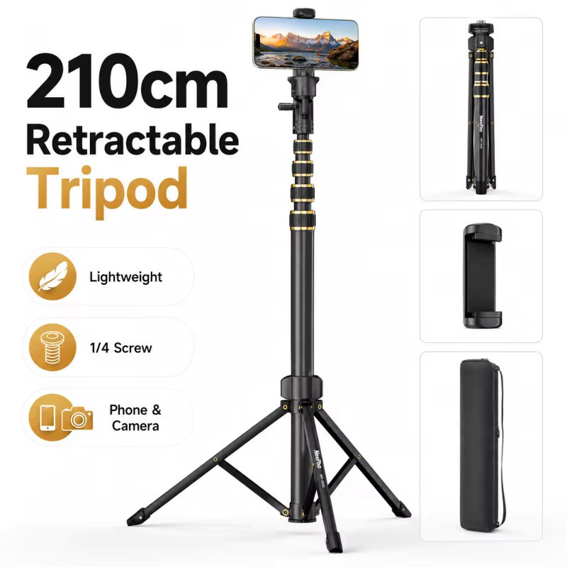 Nefio Ausziehbarer Telefon-Stativ Selfie-Stick mit Handyhalterung und Tragbarer Tasche für iPhone und Android, Schwarz, 210 cm - Bild 4