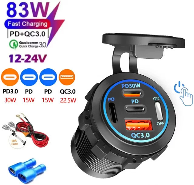 Kebidu USB Auto Ladegerät mit 3/4 Ports, PD und QC 3.0, Voltmeter und USB-C, wasserdicht für 12V/24V, Farbe: Schwarz - Bild 1