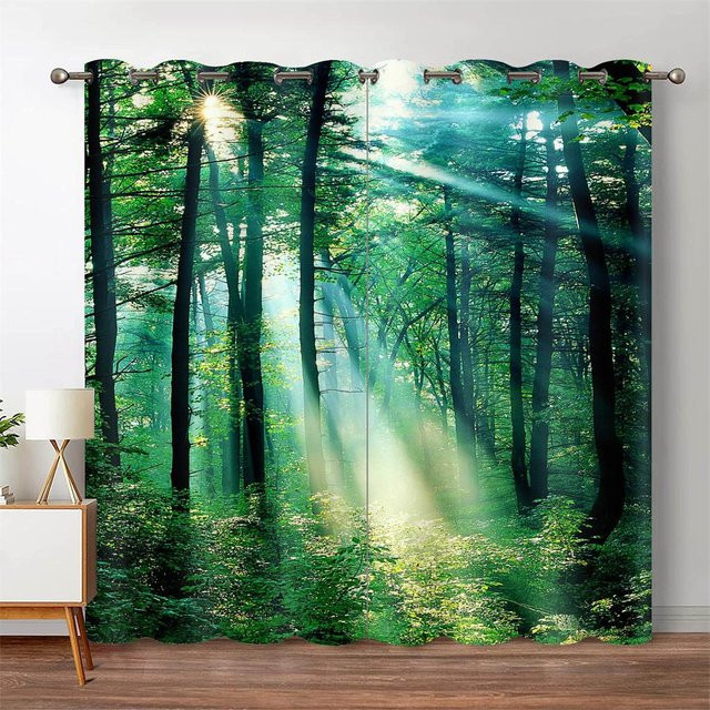 Yiran Furniture Dschungel Wald Landschaft Vorhänge mit Wasserfall-Motiv, 2er-Set, Grün, Transparent, Breite: 60 cm, Höhe: 60 cm - Bild 1