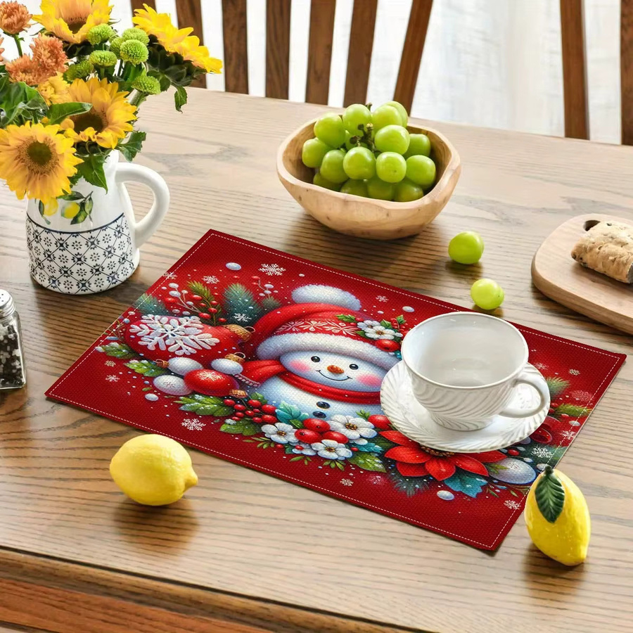 VIKAMA 4er Set Weihnachts-Tischsets mit Schneemann-Motiv in Rot, rechteckig, B: 45,0 cm x T: 30,0 cm x H: 0,3 cm - Bild 3