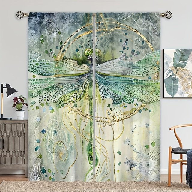 Yiran Furniture Vorhänge mit Libellenmuster in Grün, 2er-Set, halbtransparent, Polyester, B: 100 cm, H: 130 cm - Bild 1