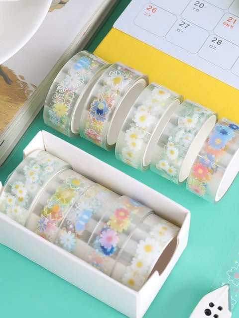 5 Rollen transparentes PET-Klebeband mit Gänseblümchen-Muster, wasserfest und selbstklebend - Bild 1