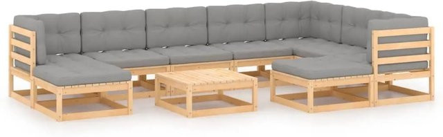 vidaXL 10-tlg Garten-Lounge-Set Modell 5 aus massivem Kiefernholz in U-Form mit grauen Polsterkissen - Bild 1