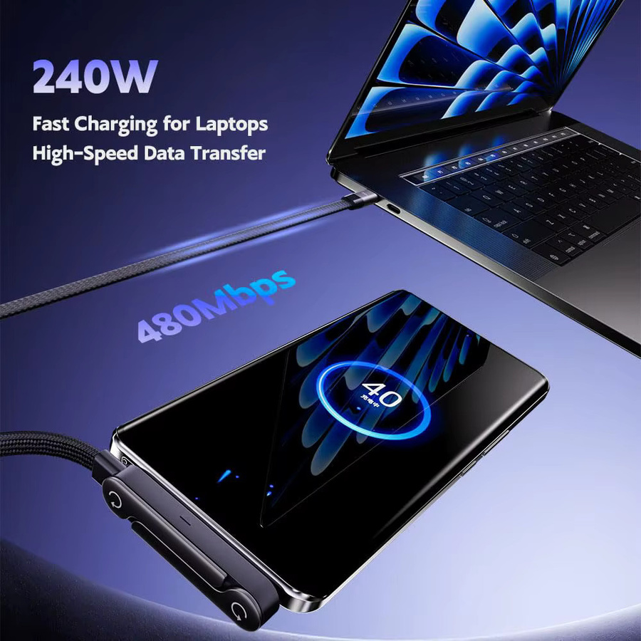 ILEPO 2-in-1 faltbares Multi-Ladekabel mit USB-C und 240 W Schnellladung in Schwarz - Bild 3