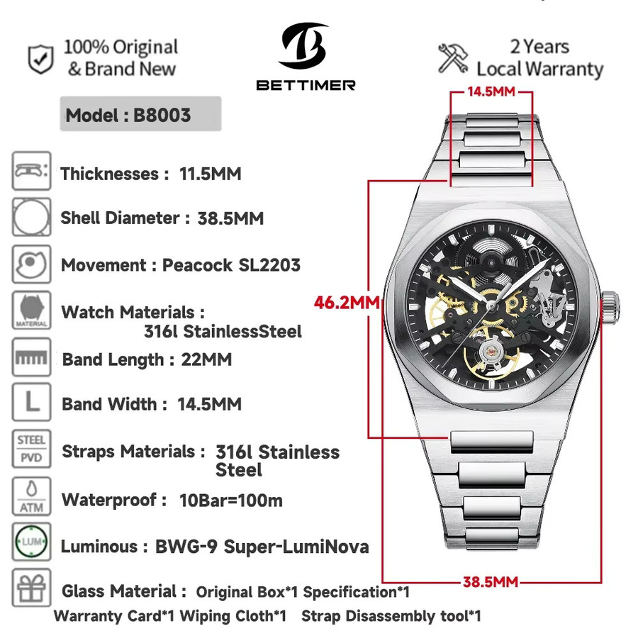 BETTIMER Mechanische Herren Uhr, Edelstahl, Silber, Saphirglas - Bild 6