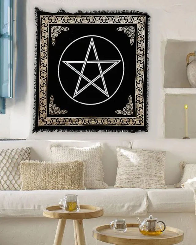 VIKAMA Wandteppich mit Pentagramm-Motiv in Schwarz, mystischer Astrologie-Druck im Bohemian-Stil, rechteckiger Textil-Wandbehang für dein Wohnzimmer oder Schlafzimmer, B/H: 75 x 75 cm - Bild 1