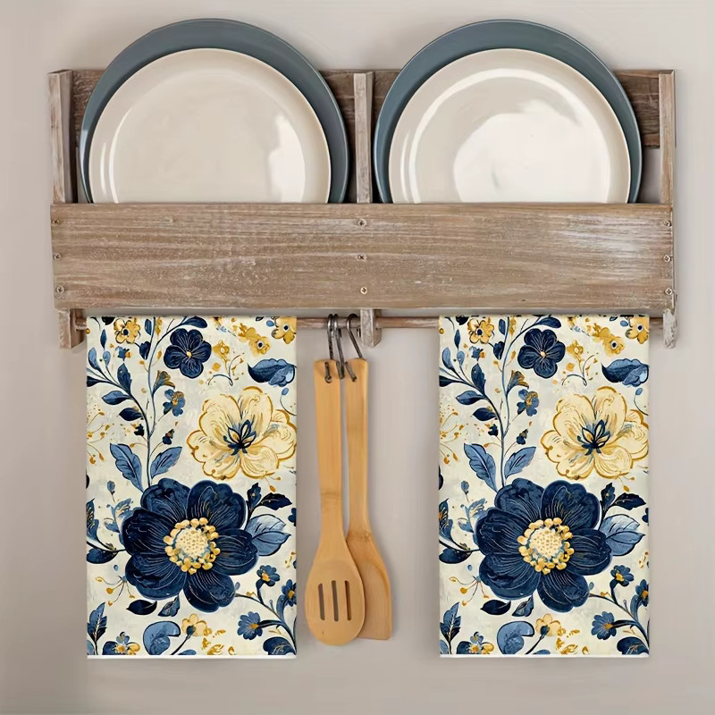 2er-Set saugfähige Küchentücher mit Blumenmuster in Dunkelblau und Gold, B: 40 cm, H: 60 cm - Bild 2