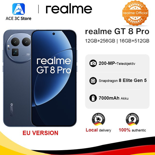 realme GT 8 Pro 5G Smartphone Europäische Version in Blau mit Snapdragon 8 Elite Gen 5, 200-MP-Ultra-Clarity-Teleobjektiv, 7000-mAh-Akku und NFC - Bild 1