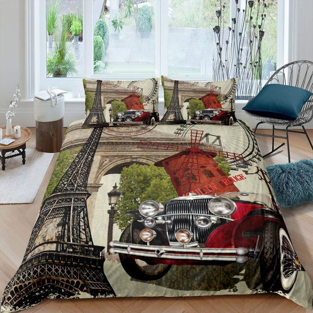Bettwäsche-Set Eiffelturm Vintage-Romantik von Your Warm Home in Grau, 3-teilig aus Polyester, B/H: 180 x 210 cm mit zwei Kissen 50 x 70 cm - Bild 1