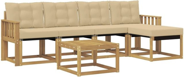 vidaXL Outdoor-Sofagarnitur 6-teilig in L-Form mit Kissen und Couchtisch, Weiß und Beige, aus Akazienholz und Textilene - Bild 1