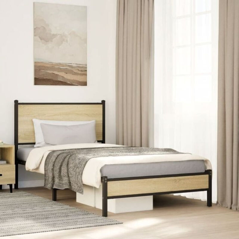 Metallbett Vidaxl in Sonoma-Eiche Natur, Modernes Design aus Metall und Holzwerkstoff, B/H: 107 x 203 cm - Bild 1