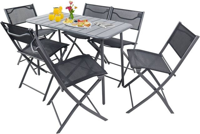 VCM 7-teiliges Balkonmöbel Set Sumila in Schwarz aus Metall und Textilene mit Gartentisch und 6 Klappstühlen, Tisch B: 110 cm, T: 55 cm, H: 79 cm - Bild 1