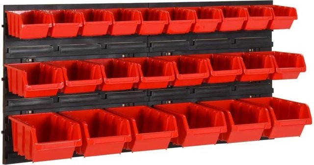 vidaXL Wandregal mit 26 Stapelboxen aus Polypropylen in Rot und Schwarz, Breite: 77 cm, Höhe: 39 cm - Bild 1
