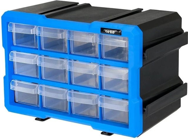 HMF STK200-03-05 Sortierbox für Kleinteile mit 12 Schubladen und 24 Fächern, erweiterbarer Sortimentskasten für Schrauben und Werkzeug, transparent/blau, B/T/H: 29,5 x 19,5 x 16 cm - Bild 1