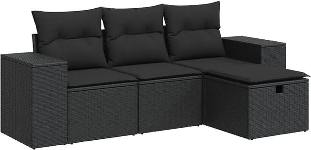 vidaXL 4-teilige Garten-Sofagarnitur in L-Form aus schwarzem Polyrattan mit wetterfesten Kissen und pulverbeschichtetem Stahlgestell - Bild 1