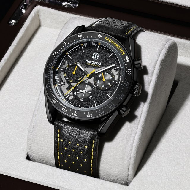 QINGXIYA Chronograph, Quarzuhr, Leder, Schwarz, Herren - Bild 1