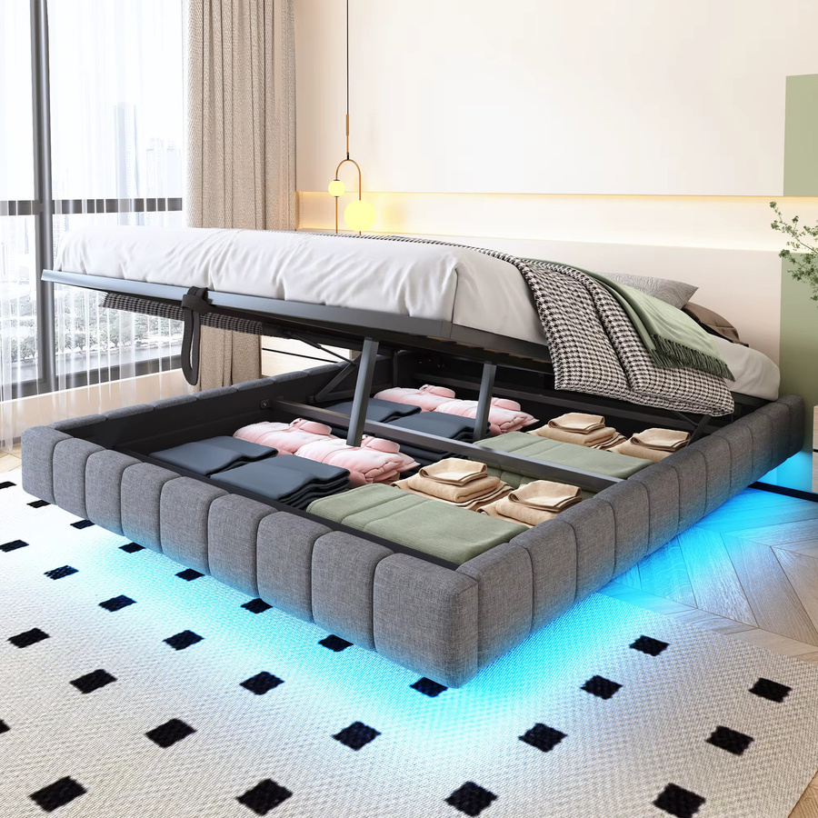 KOMHTOM Multifunktionales Polsterbett aus Leinen mit hydraulischem Stauraum und LED-Beleuchtung, B/T: 160 x 200 cm, Beige oder Grau - Bild 3