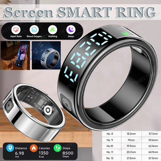 Ola Esporte Sr08 Smart Ring mit Touch-Display und Fernbedienung, 5ATM wasserdichter Gesundheitsmanager für Männer und Frauen in Schwarz oder Weiß - Bild 1