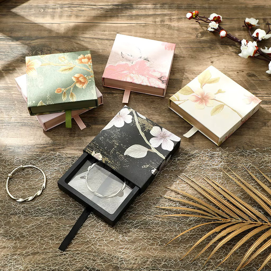 Schmuckbox mit Blumenmuster und Schublade in Orange zur Aufbewahrung von Ring, Armband und Halskette aus Papier - Bild 1
