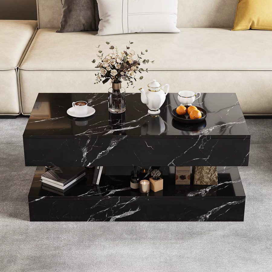 Anajqaqia Moderner Couchtisch in Schwarz mit Marmor-Effekt und Hochglanz-Finish, zweistufiger Sofatisch mit 2 Schiebeschubladen und offenem Stauraum, B/T/H: 100 x 50 x 45 cm - Bild 5