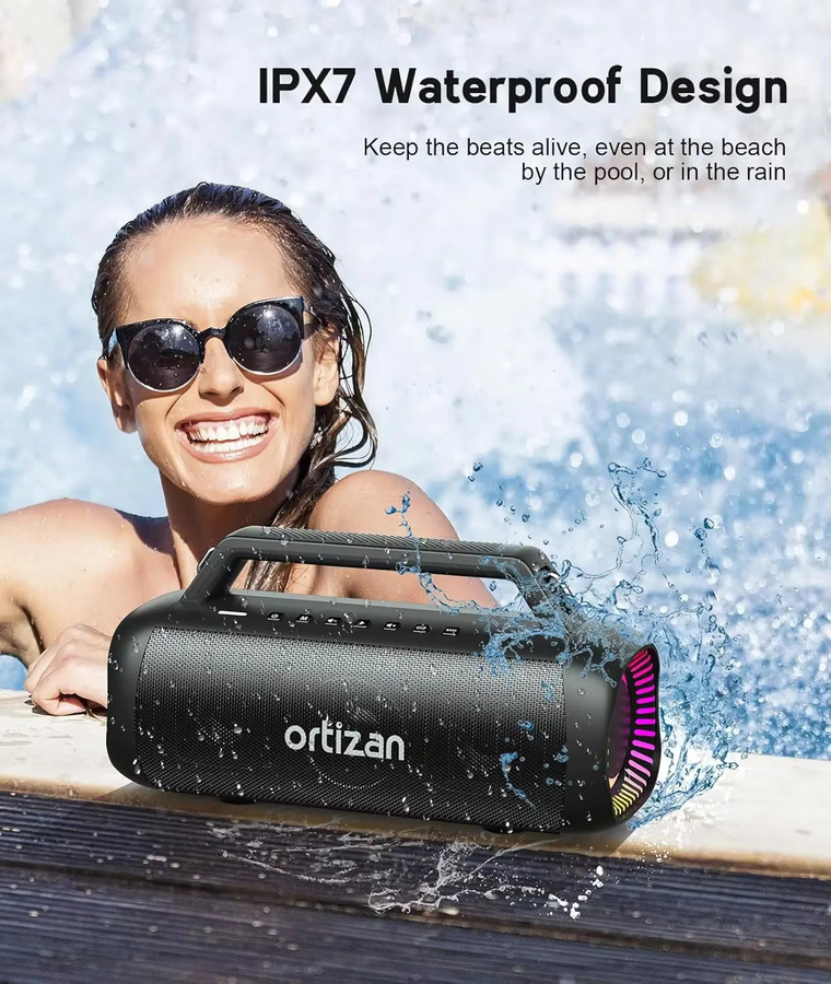Ortizan Bluetooth-Lautsprecher mit 60W Leistung, IPX7 wasserdicht, massiver Bass und Lichteffekten, Schwarz - Bild 5