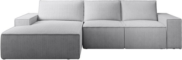 Vente-unique Schlafsofa Amelia L-Form in Lichtgrau mit Cord-Bezug, Breite: 297 cm - Bild 1