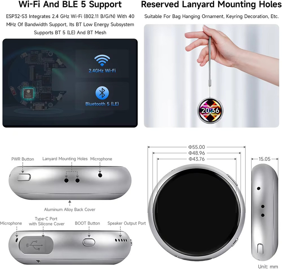 Waveshare ESP32-S3 1,75 Zoll AMOLED Rundes Touch-Display Entwicklungsboard in Silber mit 466x466 Pixeln für ESP-IDF und Arduino-IDE - Bild 4