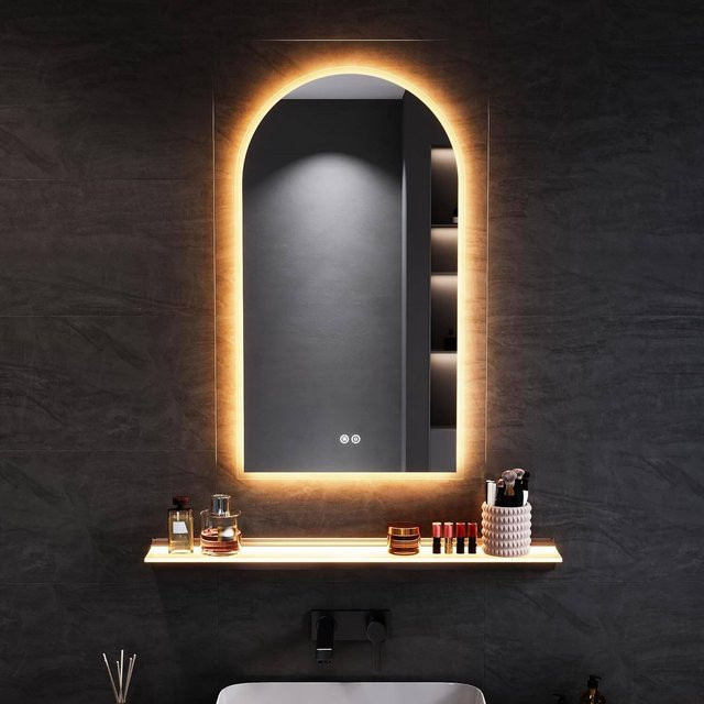 SONNI Badezimmerspiegel mit LED-Beleuchtung in Schwarz, runder Bogen-Badspiegel mit Touch-Bedienung, Anti-Beschlag-Funktion, dimmbar und mit integrierter Steckdose, B/H: 90 x 50 cm - Bild 1