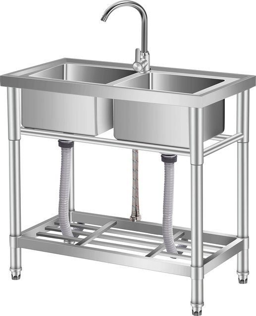 HiMISS Edelstahl-Spültisch in Silber mit Doppelbecken und Warm- und Kaltwasseranschlüssen, Breite: 84 cm - Bild 1