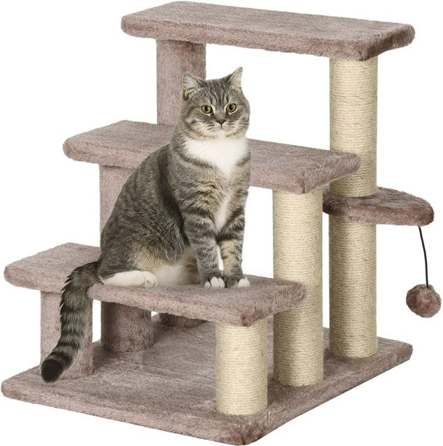 PawHut Katzentreppe 3-Stufig aus Plüsch mit Kratzsäulen und Spielball in Braun, B/T/H: 45 x 40 x 48 cm - Bild 1