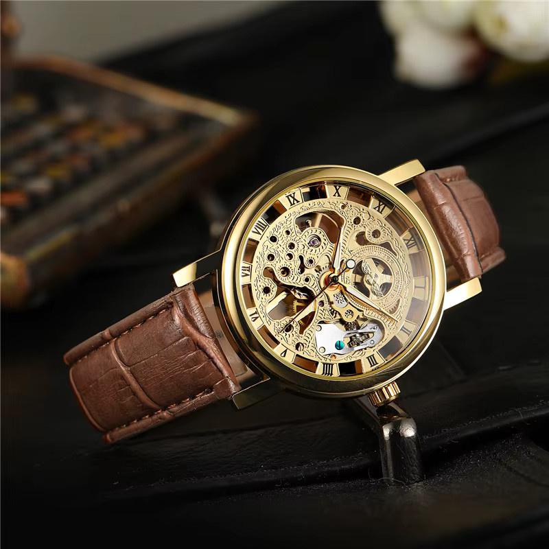 Winner Armbanduhr, Handaufzug, Messing, Gold, Lederarmband, Herren - Bild 4